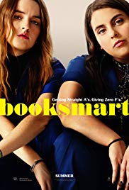 Poster for the film 'Booksmart', with two teenage girls sitting with their arms crossed on their knees