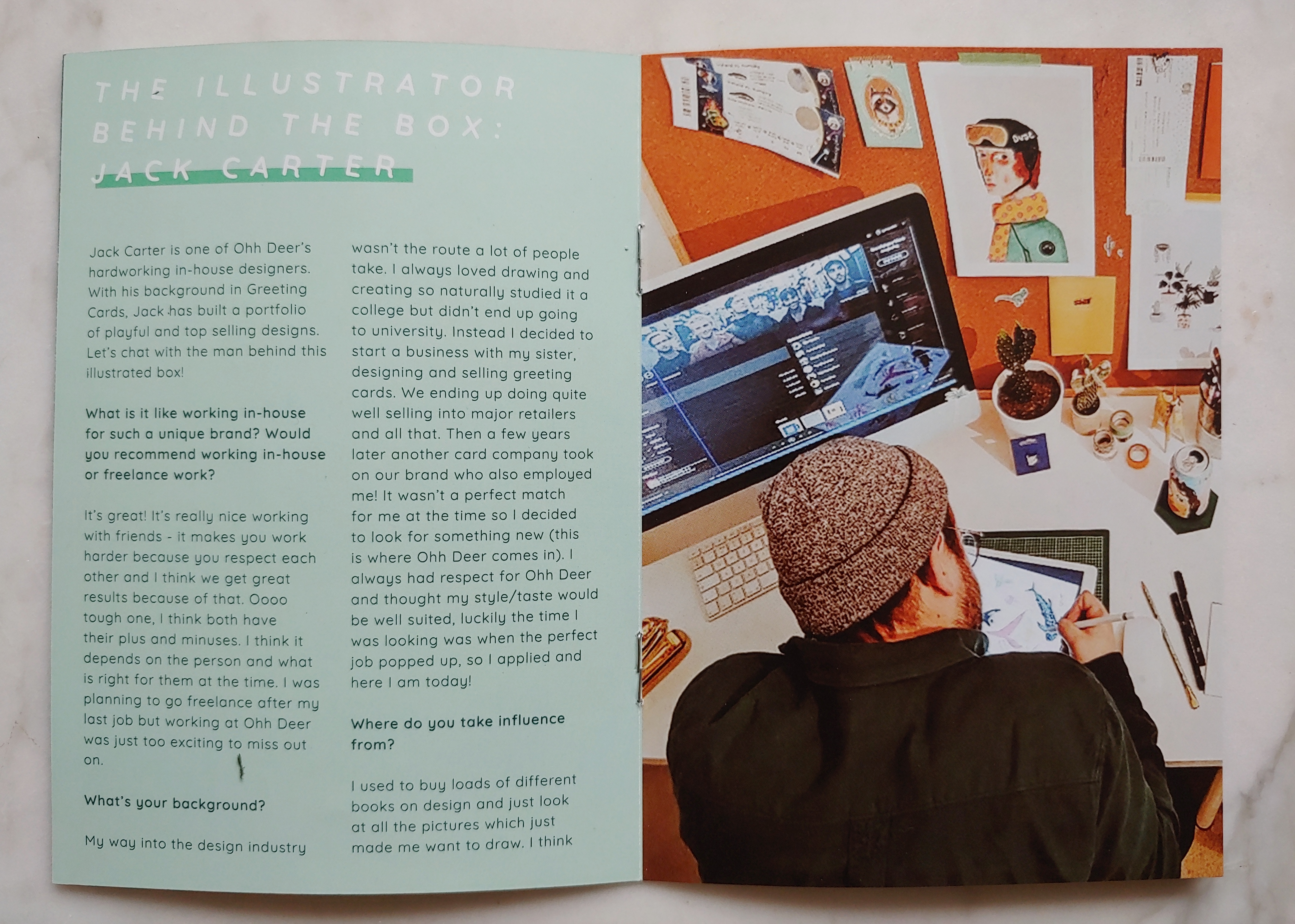 Image of the leaflet, with interview page and photo of Jack Carter drawing