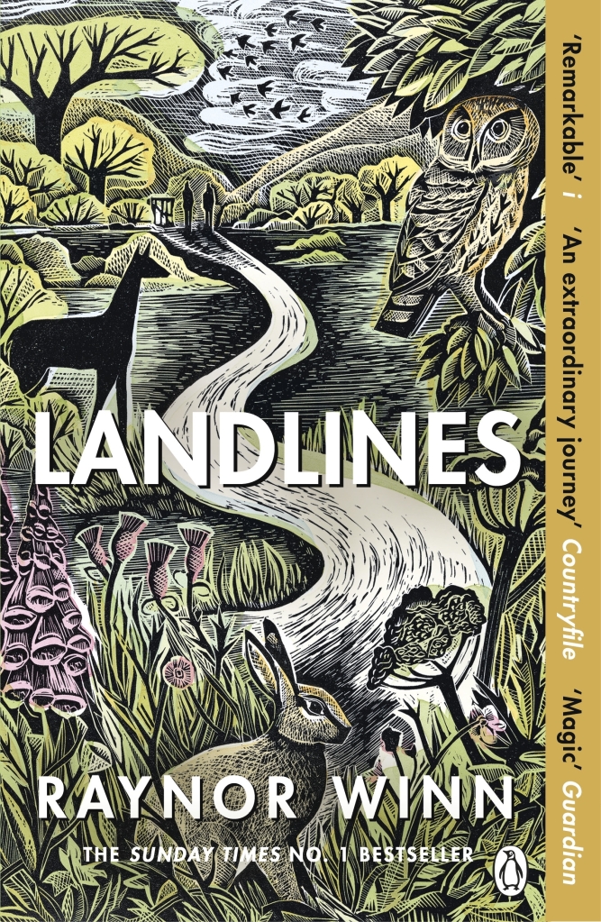 Cover of Landlines, a stylised print of trees, an owl, dear, hare, and a path with two silhouetted figures.