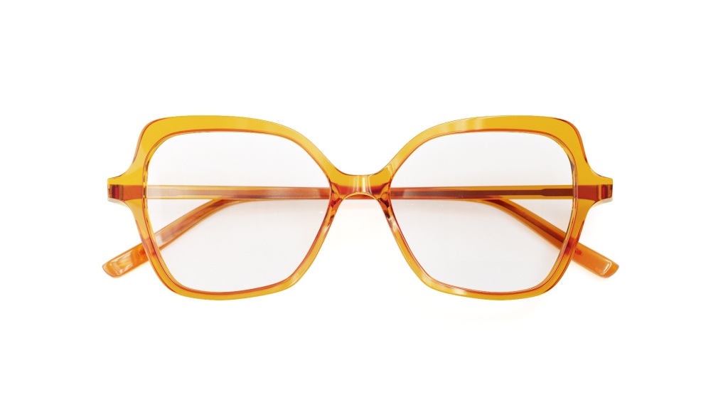 Orange, large square framed glasses folded closed against a white background.